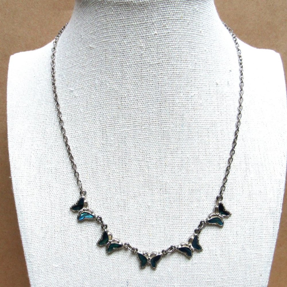 BUTTERFLY Blue Mother of Pearl Shimmery Style Silver Tone Necklace Sterling S-80